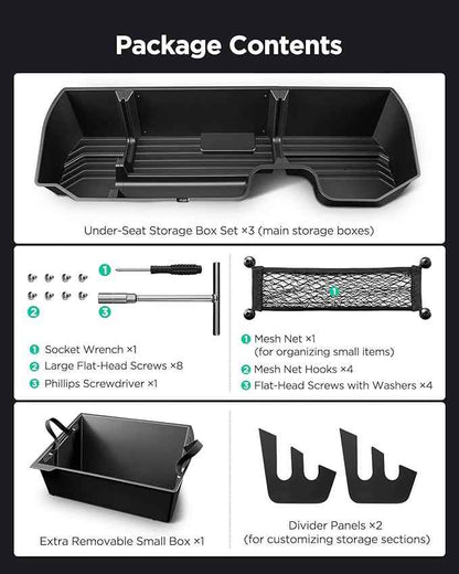 Truck Underseat Storage for Silverado Sierra: 2019-2026 Crew/Double Cab, Rear Under Seat Organizer Tool Box Car Accessory for Chevy Silverado & GMC Sierra 1500 2500HD 3500HD (w/ Detach Bin & Mesh Net)