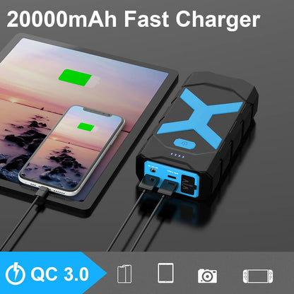 2000A Car Battery Jump Starter, 12V Car Jumper Starter Portable for 8.0L Gas & 6.5L Diesel, 20000mAh Battery Backup with USB QC 3.0 LED Light SOS for Emergency Use