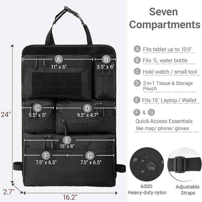 Tactical Seat Back Organizer - Heavy Duty MOLLE Panel Organizer with Multiple Pockets & Hook Loop Panel for EDC Gear, Road Trip Essentials, Universal Fit for Car SUV Truck Jeep Ford(Black)