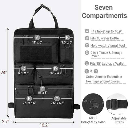 Tactical Seat Back Organizer - Heavy Duty MOLLE Panel Organizer with Multiple Pockets & Hook Loop Panel for EDC Gear, Road Trip Essentials, Universal Fit for Car SUV Truck Jeep Ford(Black)