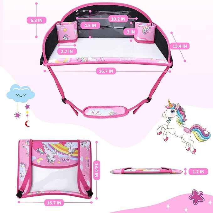 Kids Travel Tray for Toddler Carseat, Road Trip Activities Essentials for Toddler, Kids Lap Desk Tray with Tablet Holder Stand ＆ Dry Erase Board (Pink Unicorn)
