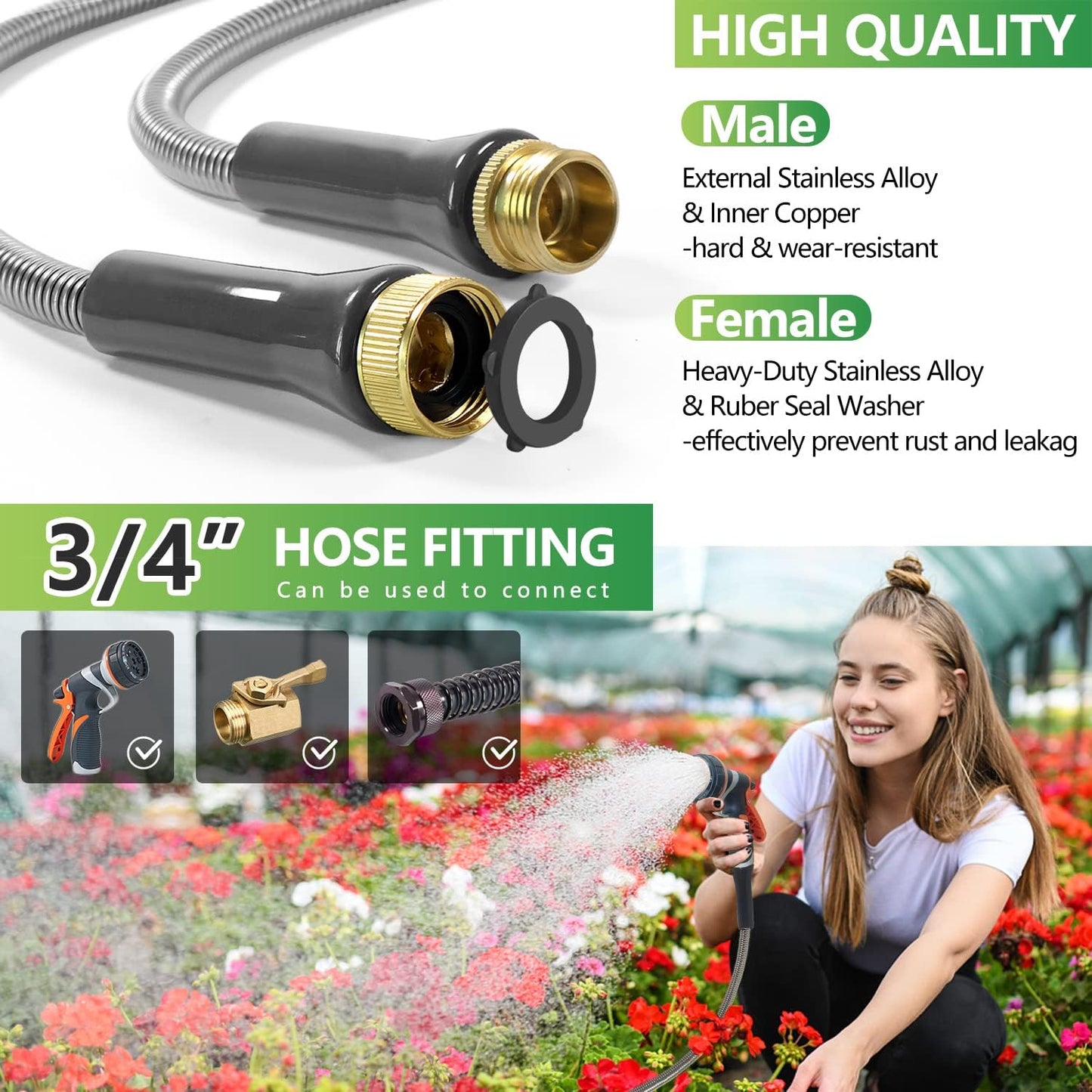 Short Garden Hose 3 Ft – Lightweight Leader Hose Extension-304 Stainless Steel Water Hose, Flexible Small Extender Hose for Garden, Outdoor Use (3 FT)
