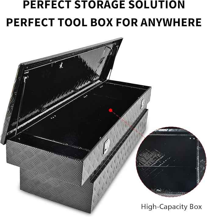 69 Inch Black Heavy Duty Aluminum Tool Box Wide Utility Trailer Stripes Plated 5 Bar Tread for Pick Up Truck Bed RV ATV Organizer Trailer Storage ToolBox w/Lock and Keys (69"X20"X17.5")