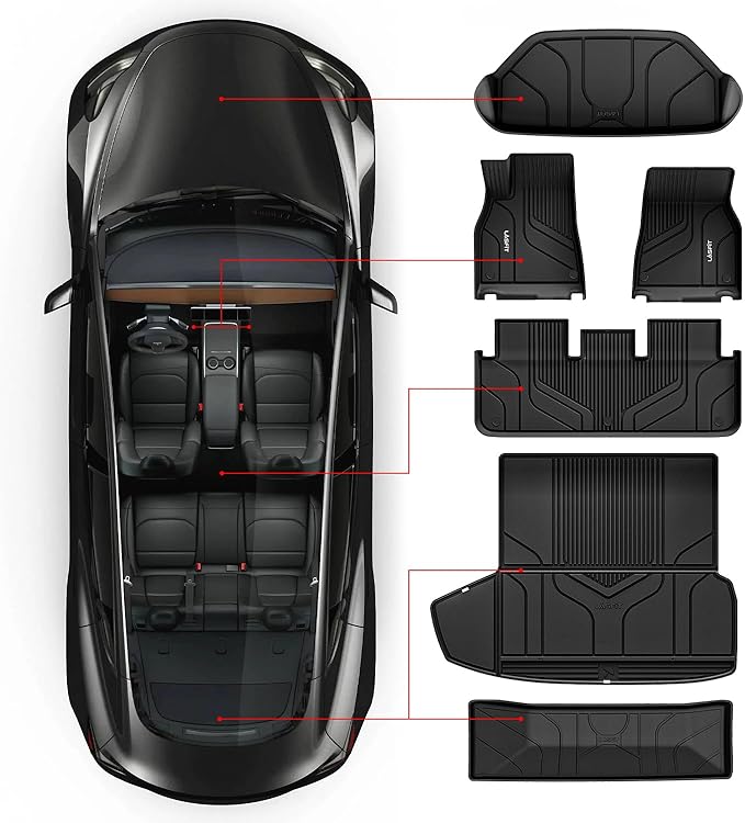 LASFIT Floor Mats & Trunk Mats for Tesla Model S 2021-2025 (Include Plaid Model), All Weather TPE Custom Fit 1-3 Rows & Cargo Liners Full Set Car Mats Accessories, Black