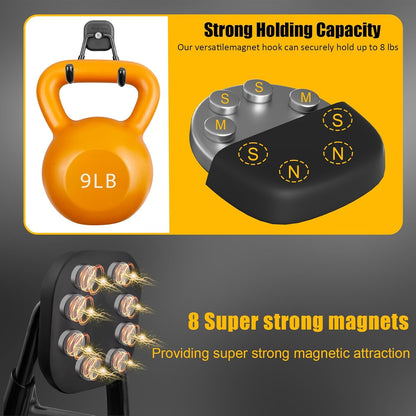 2 Pack Large Magnetic Garage Hooks Heavy Duty, Universal Indoor Outdoor Strong Storage Magnet Utility Tool Organizer Holder with Anti Slip Rubber Coating for Garden Tools,Hose,Cruise,RV,Workshop