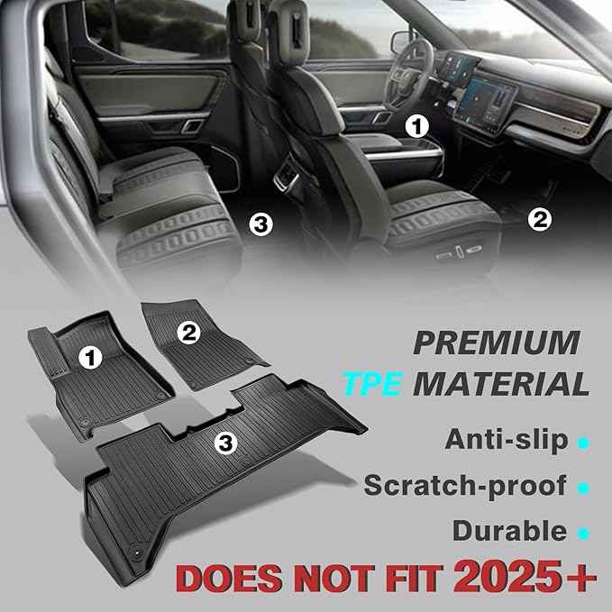 BestEvMod All Weather Floor Mats Compatible with Rivian R1T 2025 2026 Anti-Slip 3D Pattern TPE Heavy Duty Rubber Waterproof Non-Slip Floor Liner 1st & 2nd Rows Set Gen 2 Accessories (2025+ R1T)