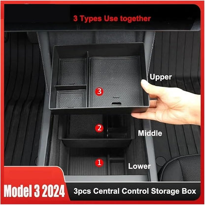 NanDeZ Central Control Storage Box Flocking Compatible For Tesla Model 3 Highland 2024 ABS Central Organizer Stowing Tidying Car Accessories 3PCS(Color:3PCS B)