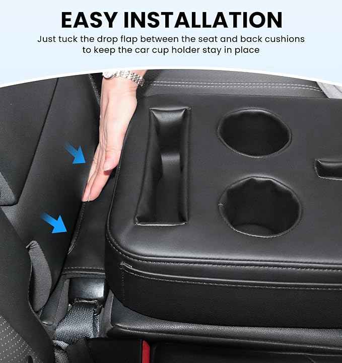 Back Seat Cup Holder for Car, PU Leather Couch Sofa Bed Boat Cup Holder Tray, Organizer for Trucks, Minivans, SUVs, RVs, Vehicles, Holds Drinks, Remote, Snacks, with Side Pockets