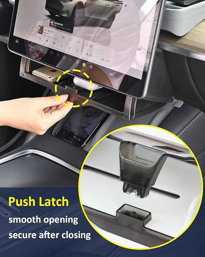 Hidden Under Screen Storage for Tesla Model Y 2020-2026 Juniper Interior Accessories, Model 3 Highland Center Console Organizer with Push-Latch & Dampers, Smooth Opening, Rattle-Free, 2 Black Mats