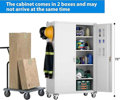 Aobabo Upgraded Wide & Deep Garage Storage Cabinet with Wheels, Metal Storage Cabinet with Door Pegboards and 2 Rod for Garage Home Storage (White, 43.3''W x 21.9''D x 72''H),Required Assembly