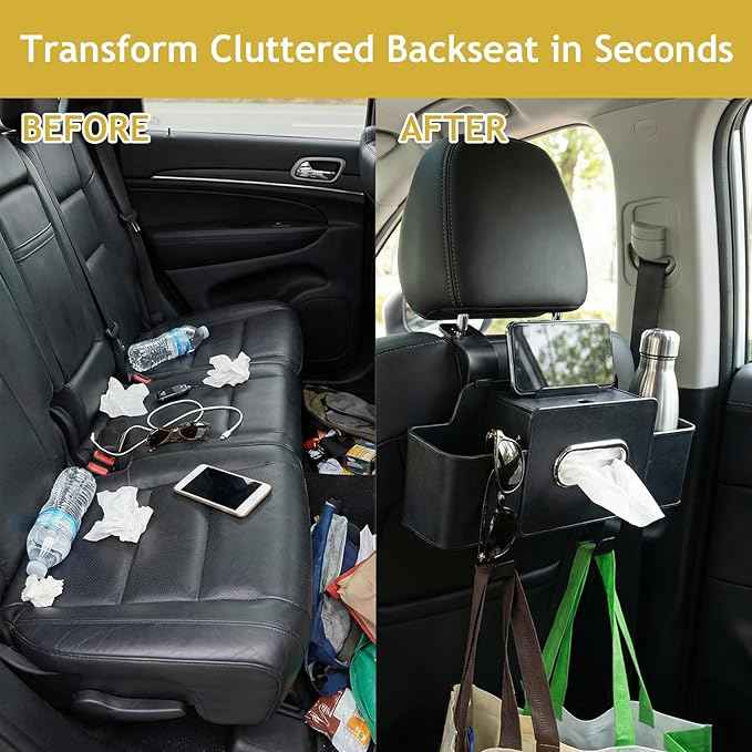 Backseat Car Organizer, 4 in 1 Multifunctional Car Back Seat Storage Organizer with Tissue Box, 2 Cup Holders, Phone Stand and Hooks, Automotive Seat Back Organizers (Orange)
