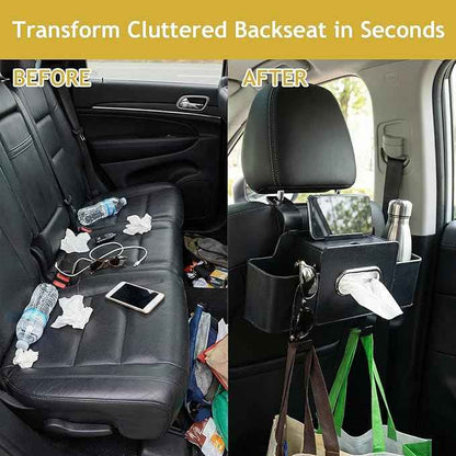Backseat Car Organizer, 4 in 1 Multifunctional Car Back Seat Storage Organizer with Tissue Box, 2 Cup Holders, Phone Stand and Hooks, Automotive Seat Back Organizers (Brown)