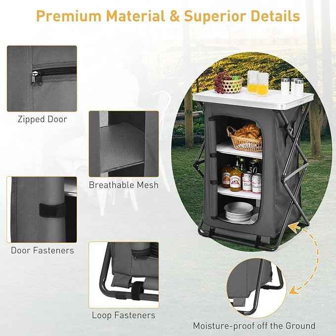 Goplus Folding Camping Storage Cabinet, Pop Up Outdoor Camping Kitchen Station with Large 3-Tier Storage Organizer, Carry Bag, Easy Set Up Portable Compact Camping Table for BBQ Picnic Backyard (35'')