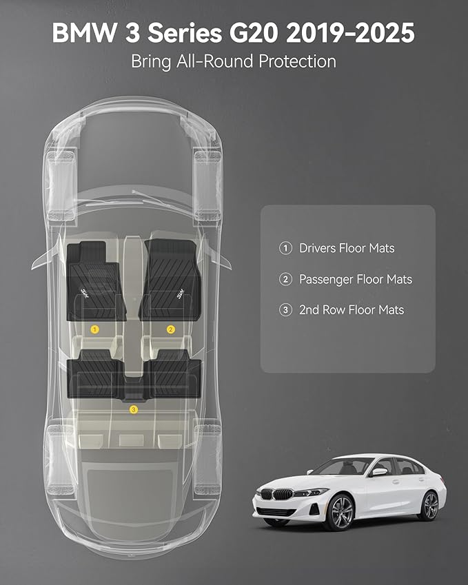 3W Floor Mats Custom Fit for 2019-2023 2024 2025 BMW G20 3 Series 330i 330e Sedan, TPE All Weather Floor Liner for BMW 3 Series G20 Accessories 1st and 2nd Row Full Set Car Mats (NOT for GT & 2 Door)