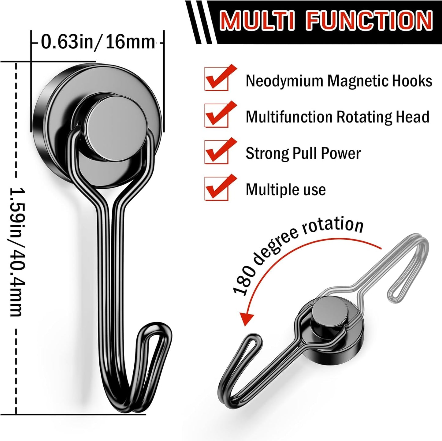 FINDMAG Magnetic Hooks, 30lbs+ Strong Magnetic Hooks for Cruise Cabins, Magnet Hooks Heavy Duty for Fridge, Swivel Swing Hooks for Kitchen, Grill, Garage, Cruise Ship Essentials 6 Pack (Black)