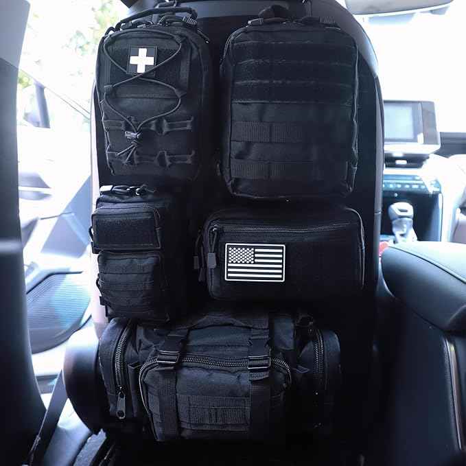 Universal Tactical Car Seat Back Organizer Bag Tactical Molle Vehicle Organizers Panel Vehicle Protector Organizers with 5 Detachable Pouches for Car Truck Ford Jeep (Model B-Black)