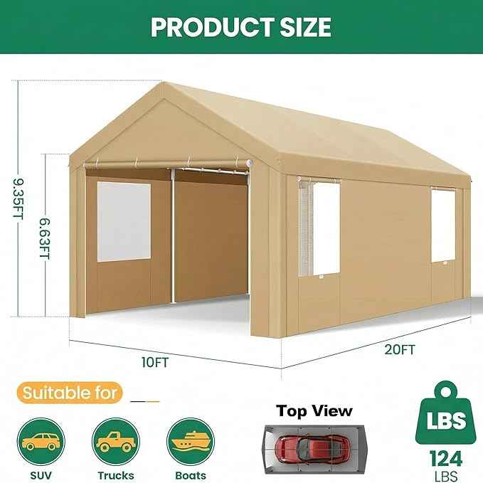 COBIZI 10x20 FT Heavy Duty Carport with Galvanized Frame, Carport Canopy with Roll-up Windows, Storage Tent with Removable Sidewalls & Doors, Built-in Sandbags for Car Boat Truck, Khaki