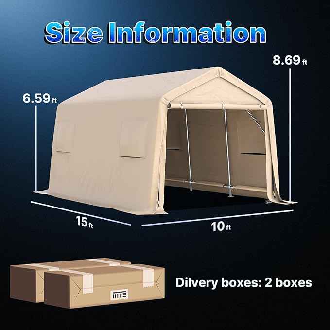 ADVANCE OUTDOOR 10X15 ft Garage Shelter Steel Metal Peak Roof Portable Storage Shed Carports for Motorcycle Boat, or Garden Tools with 2 Roll up Doors & Vents, Beige
