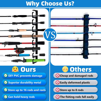 Wall Mounted Fishing Rod Rack Holder Ceiling Storage Hook Hanger Display Metal Horizontal Rack Oranizer Poles Steel Racks Holds up to 16 Rods with Soft Protective Pad for Garage Cabin and Basement