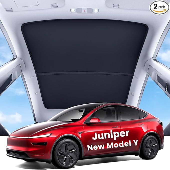 REEVAA 2025 Upgrade Tesla Model Y New (Juniper) Sunshade Roof [No Gaps, No-Sagging] Tesla Y Accessories Heat Insulation Foldable Glass Sunroof Cover for Model Y Juniper 2025-2026, 2PCS, Black
