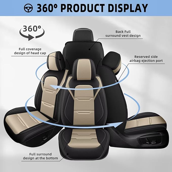 YORKNEIC Seat Covers Fit for Dodge Journey Car Waterproof Seat Protectors 2011-2020 Full Set Fit for : 2 Front Seat Automotive Faux Leather Seat Covers(Black&Beige)