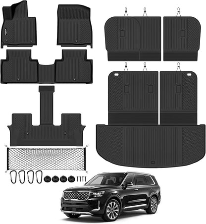 Tongama-Floor Mats for 2027 Kia Telluride 8 Seat with Bench Seats(Only Gas), All Weather TPE Trunk Mat with Backrest Mat & 2nd Row Backrest Mats & Cargo Net for Kia Telluride Floor Liner Accessories