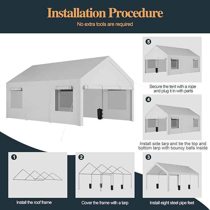 Shintenchi Portable Garage Canopy,12x20 FT Heavy-Duty Design Carport,Carport Canopy with Side-Opening Removable Door & Roll-Up Window,Portable Car Port for Car, Truck, Boat,White
