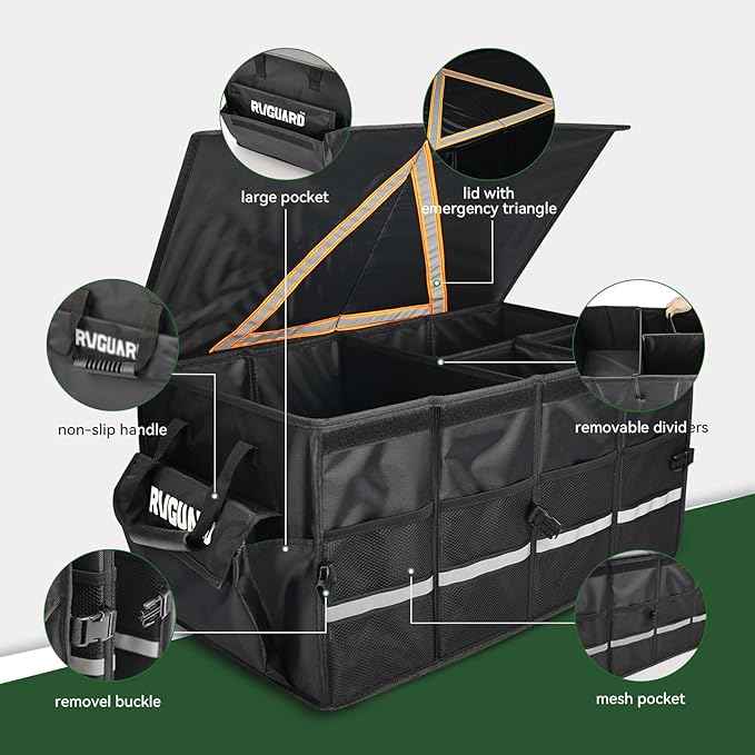 RVGUARD RV Storage Caddy, RV Storage and Organization, with Removable Dividers, Collapsible, Car Trunk Organizer with Large Capacity Waterproof, for RV Accessories, Black