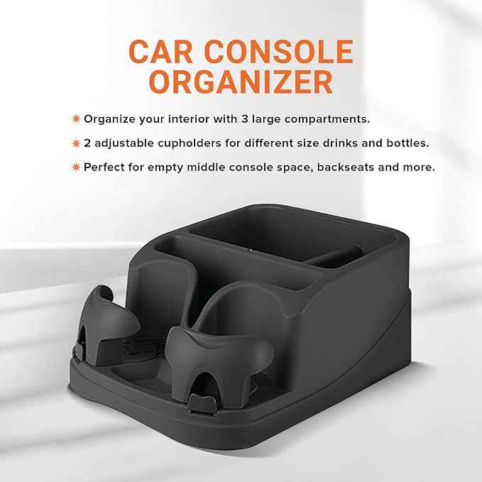 Armor All Car Console Organizer, Car Seat Organizer with 2 Adjustable Cup Holders, 3 Large Storage Compartments, Seatbelt for Secure Hold, Vehicle Middle Seat Organizer for Cars, Trucks, Minivans