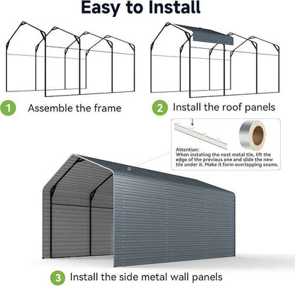 10x15FT Heavy Duty Metal Carport,Outdoor Garage with Metal Side Panels, Enclosed Car Ports with Heavy Duty Steel Frame and Galvanized Roof for Cars and Boats, Equipment Storage,Tools, Gray