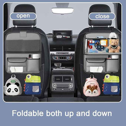 2 Pack Back Seat Car Organizer with Fold-Out Tray - Upgraded with Nappa Leather, Travel Tray for Kids, Foldable Car Desk, Includes Tissue Dispenser & Waterproof Pockets, Grey