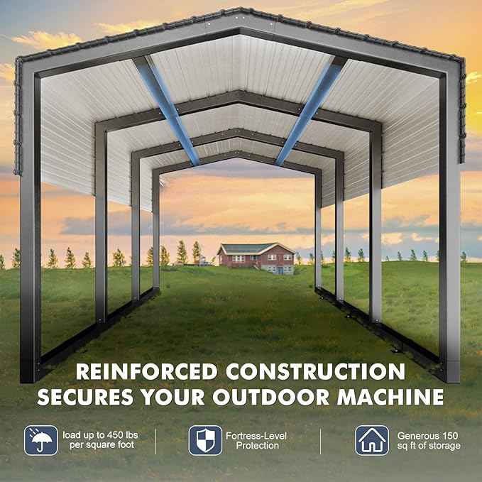 Metal Carport 10x15ft Heavy-Duty | Military-Grade Reinforced Garage Kits with Steel Roof & Hurricane | 80lbs/Sq.Ft Snow/RV/Camper/Truck/Tractor Shelter Outdoor
