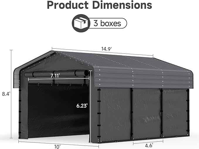 10x15FT Heavy Duty Metal Carport Canopy with Galvanized Steel Roof, Removable Sidewalls Enclosure Kit, Multi-Use Shelter Outdoor Garage for Car, Boat, Party, Gray