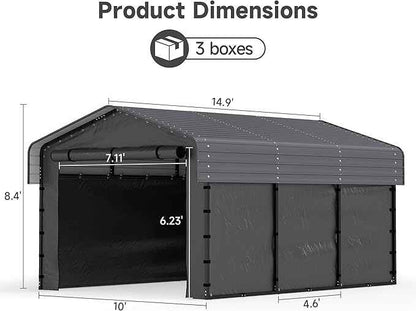 10x15FT Heavy Duty Metal Carport Canopy with Galvanized Steel Roof, Removable Sidewalls Enclosure Kit, Multi-Use Shelter Outdoor Garage for Car, Boat, Party, Gray
