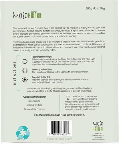 Moso Natural Air Purifying Bag 500g (2 Pack) Premium Bamboo Charcoal Odor Absorber for Home, Bedroom, Kitchen, Basement | Unscented Pet Odor Eliminator | Large Charcoal Deodorizer Bag Covers 250sqft