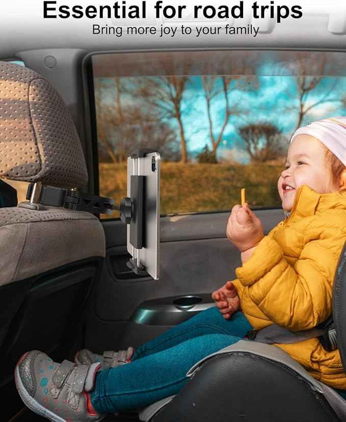 Backseat Tablet Holder for Car Headrest, Anti-Shake Adjustable Arm Mount for Kids, Foldable Car Tablet Mount for Road Trips, Fits iPad Pro/Air/Mini, Galaxy Tab, Fire (4-13”)