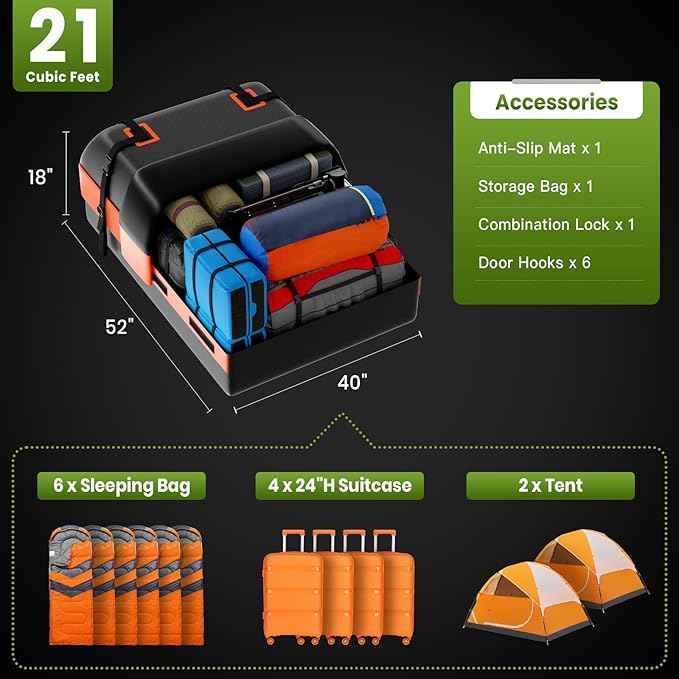 21 Cubic Feet Car Rooftop Cargo Bag Carrier, Soft Roof Top Luggage Bag for All Vechicles with/Without Rack - with Waterproof Zip, Anti-Slip Mat, Luggage Lock, Storage Bag, Door Hooks