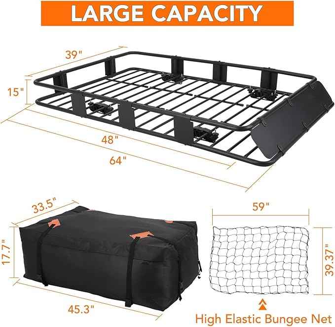 Heavy Duty Roof Rack Basket 64" x 39" - Adjustable Rooftop Cargo Carrier for SUV/Truck/Van w/Waterproof Bag, 200LB Capacity Universal Steel Roof Basket