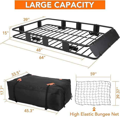 Heavy Duty Roof Rack Basket 64" x 39" - Adjustable Rooftop Cargo Carrier for SUV/Truck/Van w/Waterproof Bag, 200LB Capacity Universal Steel Roof Basket