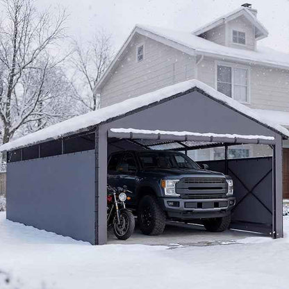 Redlife 11x21 FT Metal Carport, Heavy Duty Steel Frame Garage Shelter with Sloped Metal Roof, 3-Layer 201D Oxford Fabric Sidewalls, UV & Snow Resistant Outdoor Car Canopy for Cars, Trucks & Boats