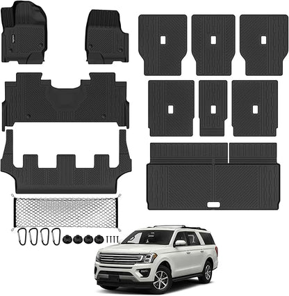 Tongama-Floor Mats for 2025 2026 Ford Expedition 8 Seats with 2nd Row Bench Seats, All Weather TPE Trunk Mat and 2nd & 3rd Backrest Mats Protectors and Cargo Net for Ford Expedition Accessories