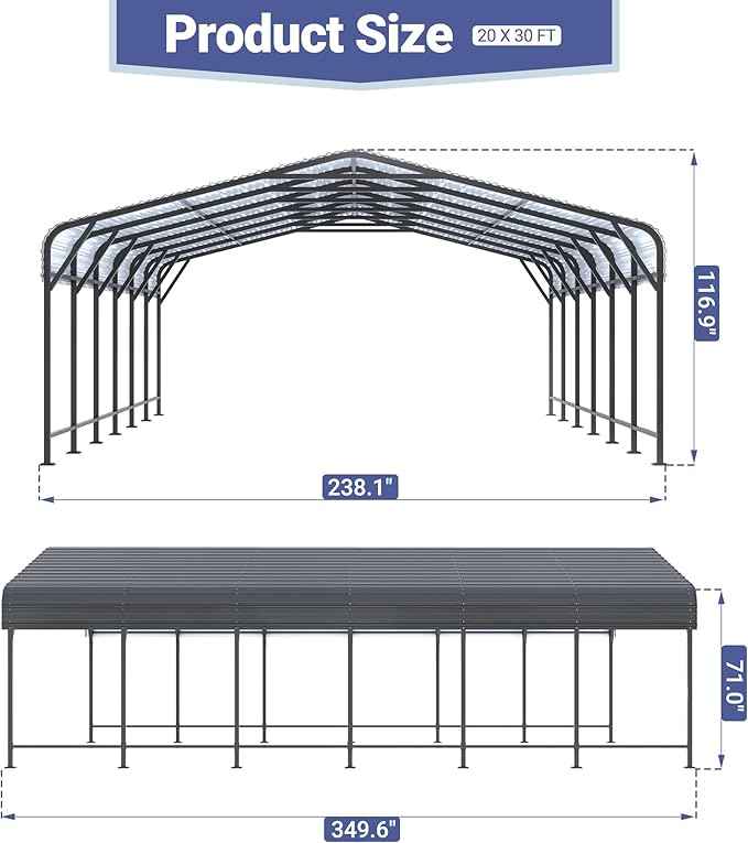 Polar Aurora 20x30 FT Metal Carport, Car Port with Heavy Duty Carport Canopy, Reinforced Base and Upgraded Support Framework, Garage Shelter for Cars, Boats and Trucks