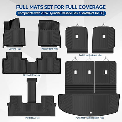 Custom Fit Floor Mats for 2026 Hyundai Palisade Gas 7 Seats/Captain Seat (Not for SE), All Weather TPE Floor Liners with Trunk Mat & Backrest Protectors, Odorless Full Set Interior Accessories