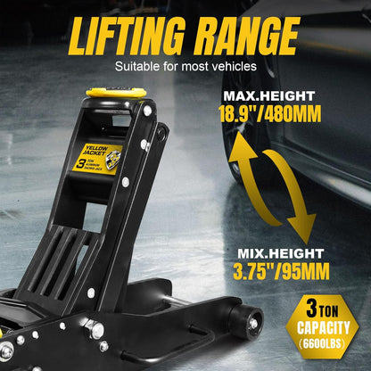 YELLOW JACKET Floor Jack 3 Ton Full Aluminum Ultra Lightweight Low Profile Hydraulic Racing Car Jack with Dual Pumps Quick Lift and Foot Pedal for Auto Repair, 6600 lbs Capacity