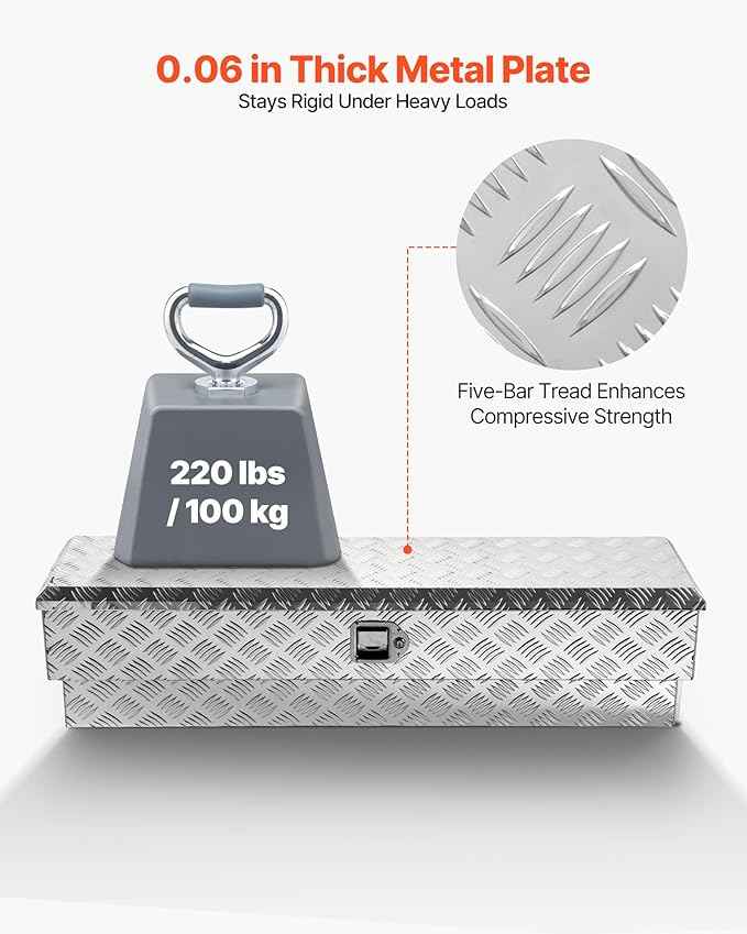 VEVOR Truck Bed Tool Box, Heavy Duty Aluminum Tool Box with Tread Patterns, Storage Toolbox Chest Organizer with Lock and Key, Ideal for Pickup, Truck Bed, RV, Trailer, 48 x 13.4 x 13 in, Silver