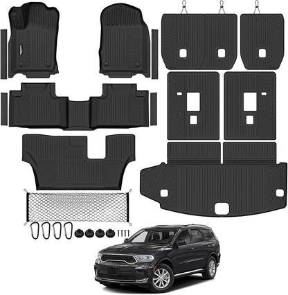Tongama-Floor Mats for 2016-2026 Dodge Durango 7 Seat with Bench Seats, All Weather TPE Trunk Mat & 2nd/3rd Row Backrest Mats & Cargo Net & Door Sill Guards for Durango Floor Liner Accessories