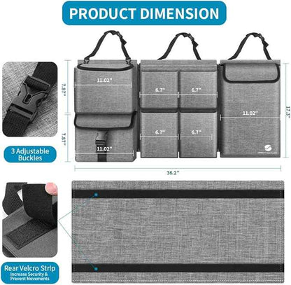 Car Trunk Organizer with Cooler, Hanging Organizers with Large Pockets, Zippers Detachable Seat Back Storage, Waterproof for Jeeps, SUVs, Grey
