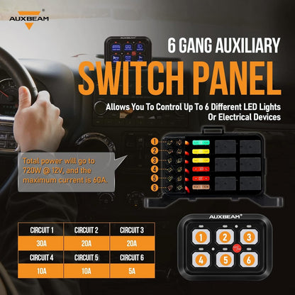 Auxbeam 6 Gang Switch Panel BC60 Universal Circuit Control Relay System Automatic Dimmable LED Switch Pod Touch Control Panel Switch Box for Car Truck Pickup Boat UTV SUV - Blue, 2 Years Warranty