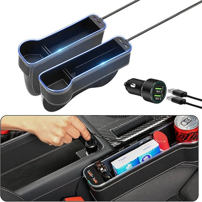 2 Pack Car Seat Gap Organizer,Multifunctional Seat Gap Storage Box with USB Fast Charger, Car Seat Pockets with Led Light, Car Seat Gap Filler with Cup Holder (Black)
