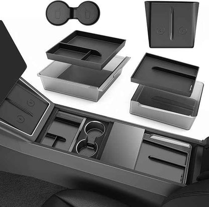 Center Console Organizer for Tesla Model Y Juniper Accessories 2026 2025 & Tesla Model 3 Highland Accessories [Durable PC + Silent Silicone Liner] Armrest Storage Tray Wireless Charging Pad Cup Holder